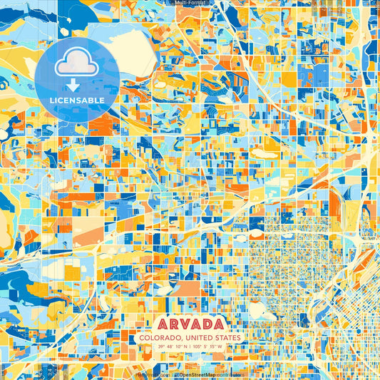 Arvada, Colorado, United States blue and orange vector art map template