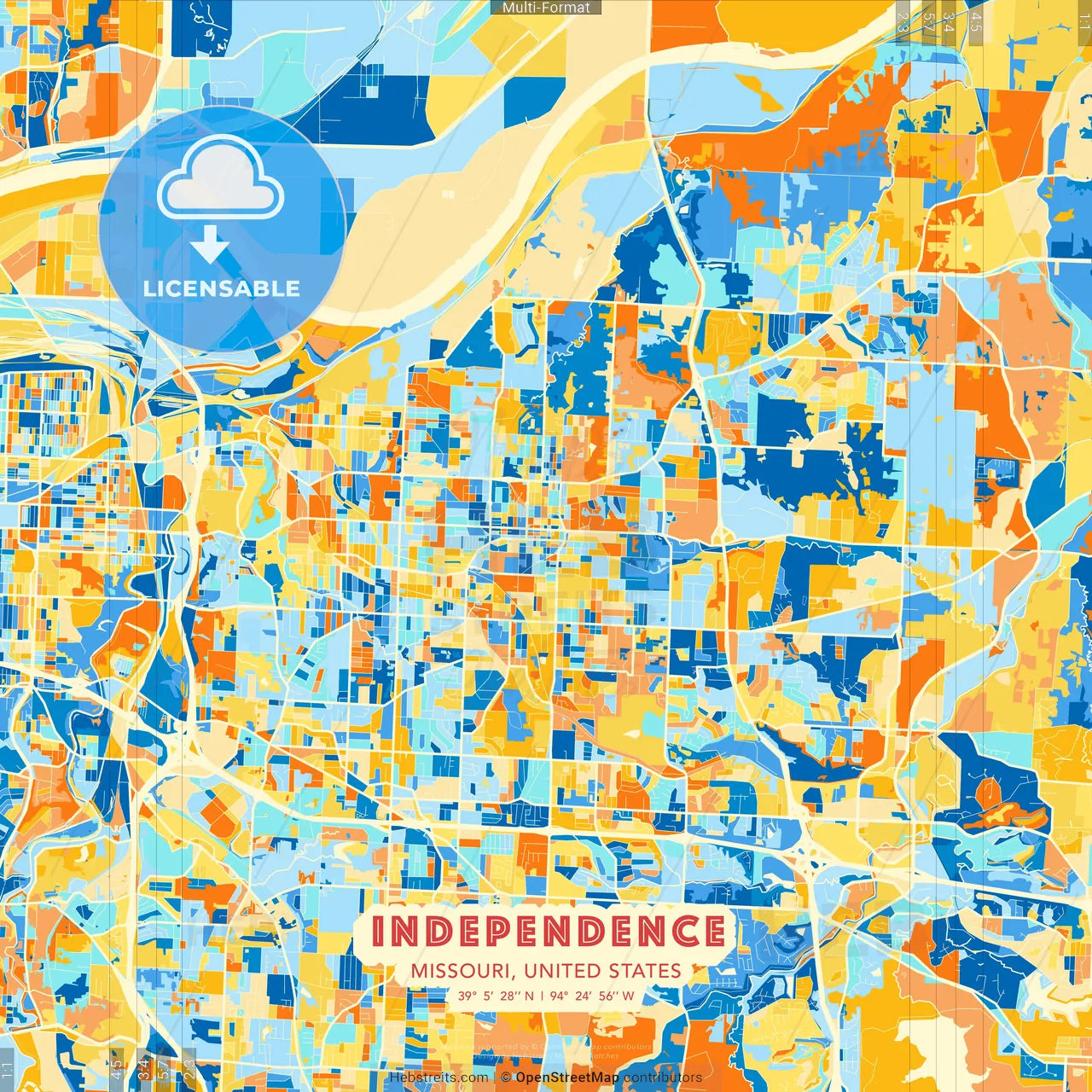 Independence, Missouri, United States blue and orange vector art map template
