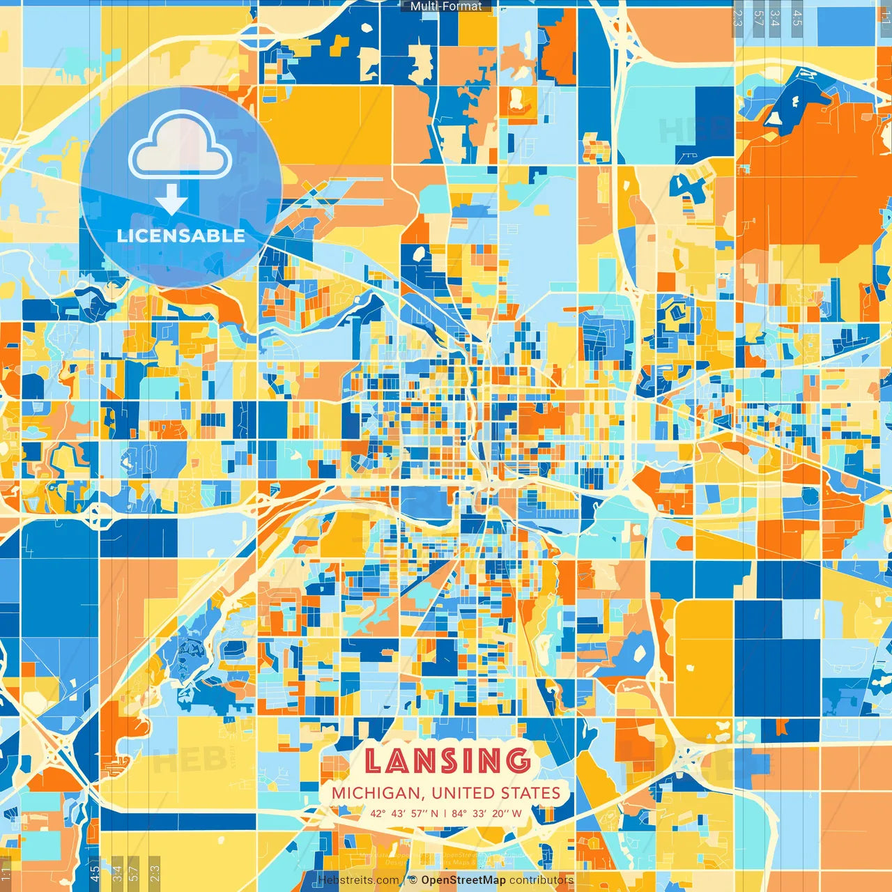Lansing, Michigan, United States blue and orange vector art map template