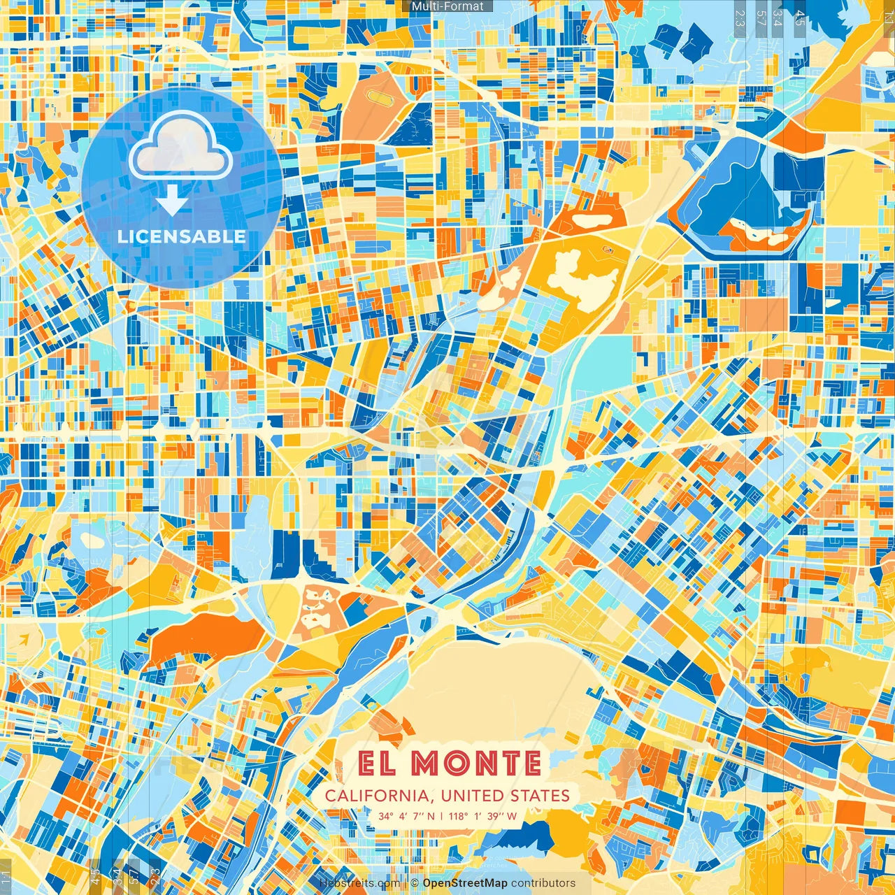 El Monte, California, United States blue and orange vector art map template