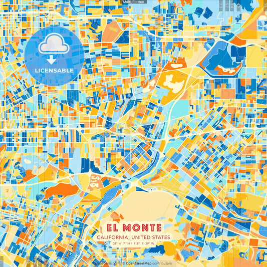 El Monte, California, United States blue and orange vector art map template