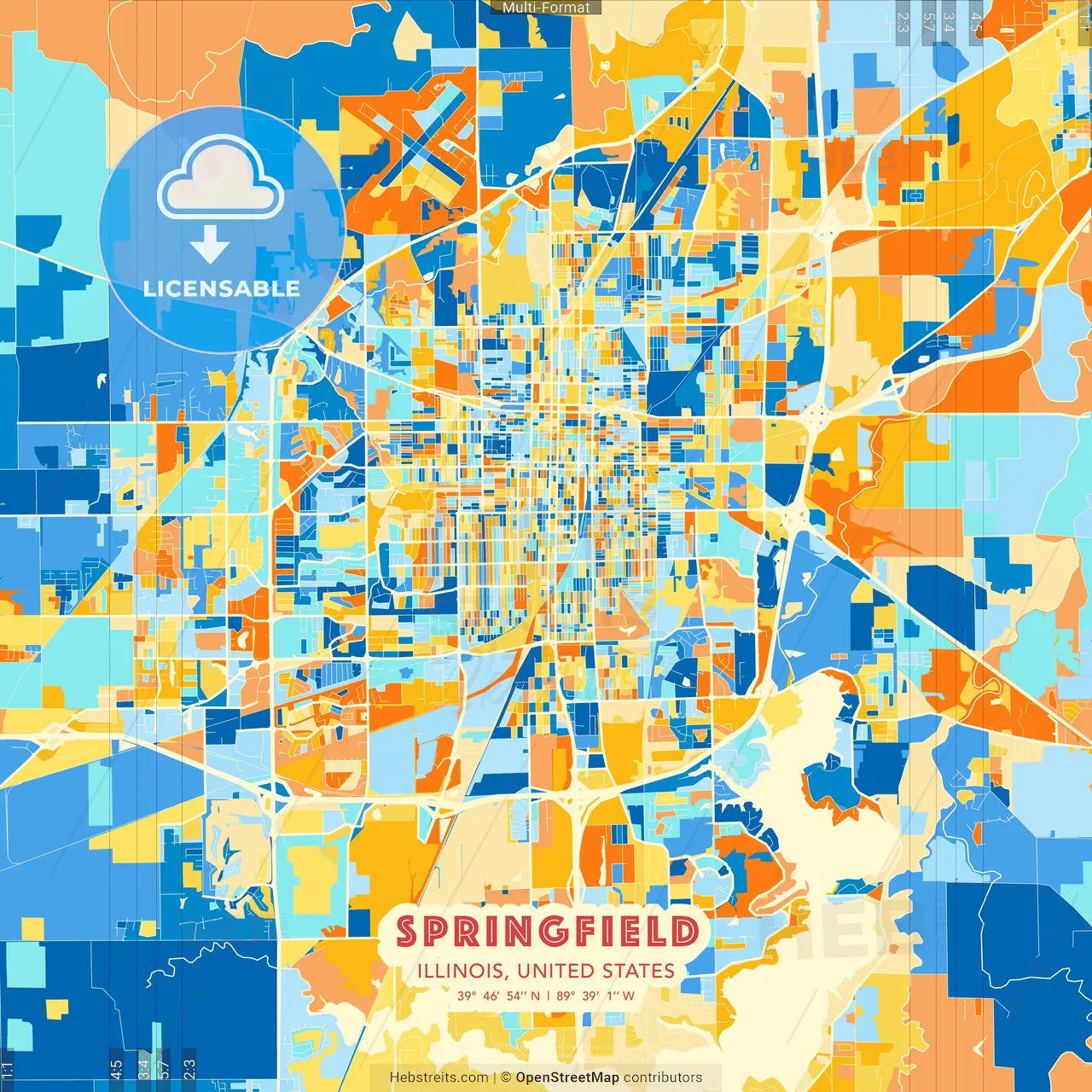 Springfield, Illinois, United States blue and orange vector art map template