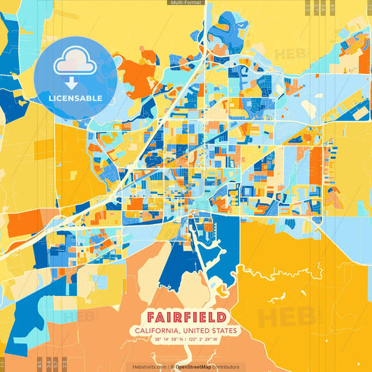 Fairfield, California, United States blue and orange vector art map template