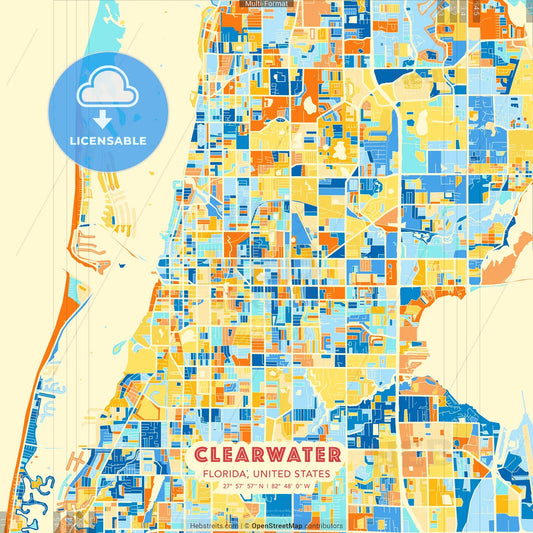 Clearwater, Florida, United States blue and orange vector art map template