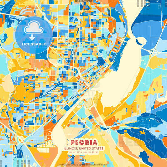 Peoria, Illinois, United States blue and orange vector art map template