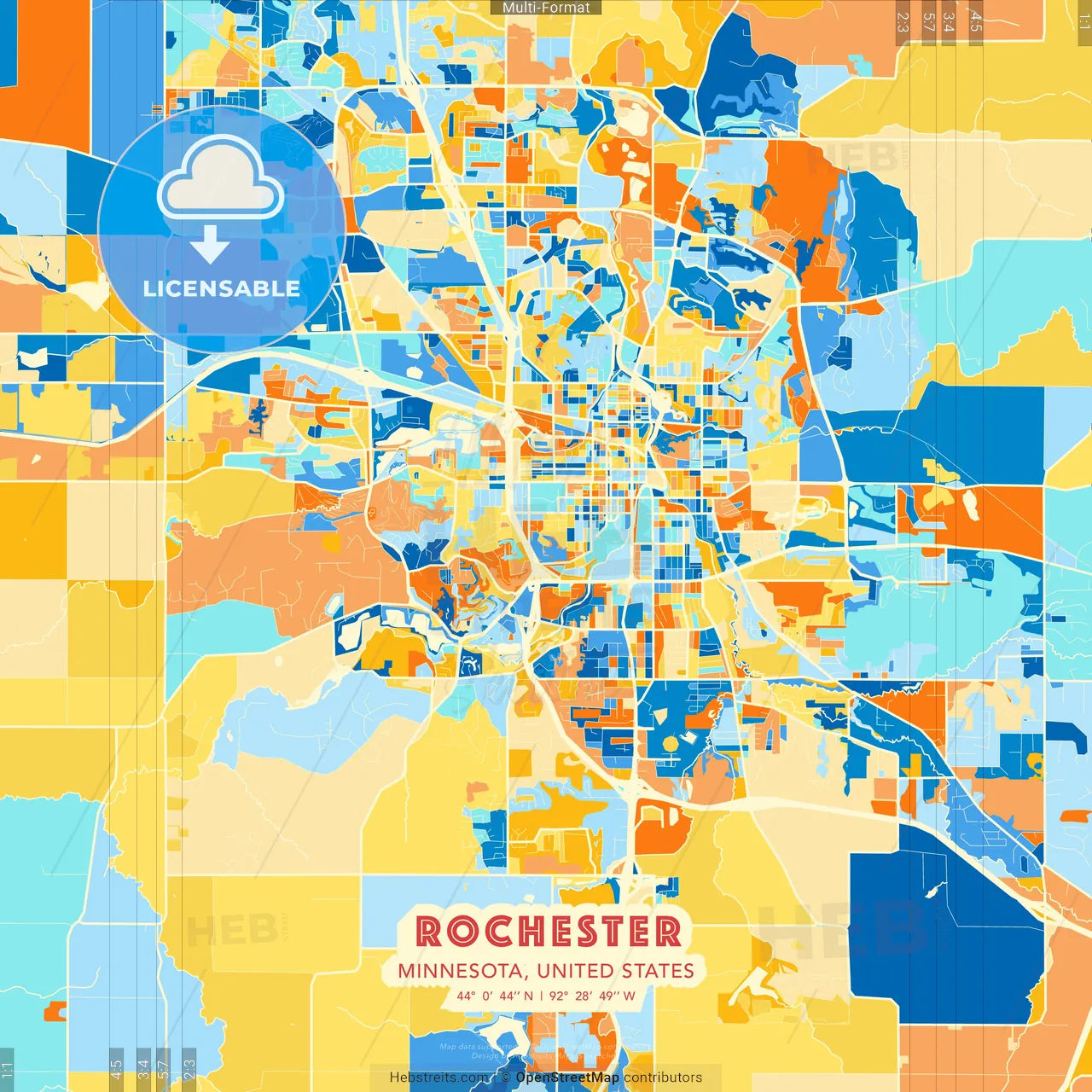 Rochester, Minnesota, United States blue and orange vector art map template
