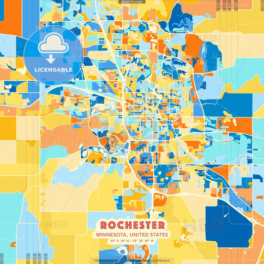 Rochester, Minnesota, United States blue and orange vector art map template