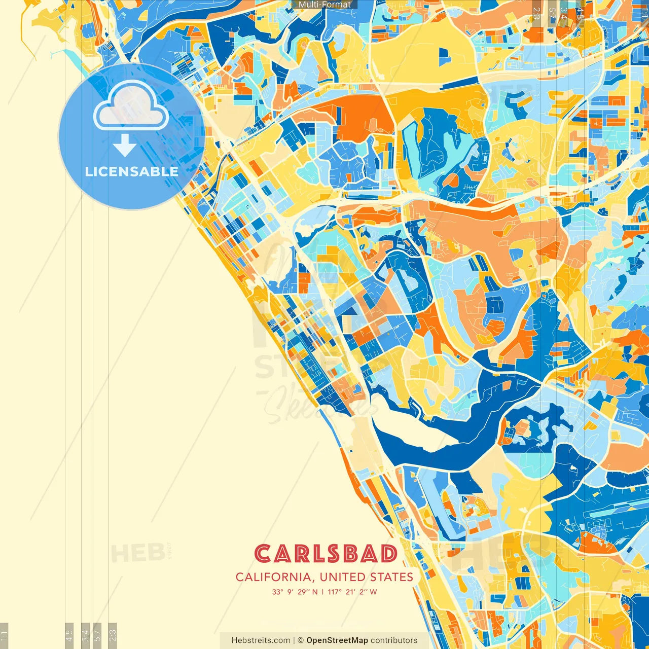 Carlsbad, California, United States blue and orange vector art map template