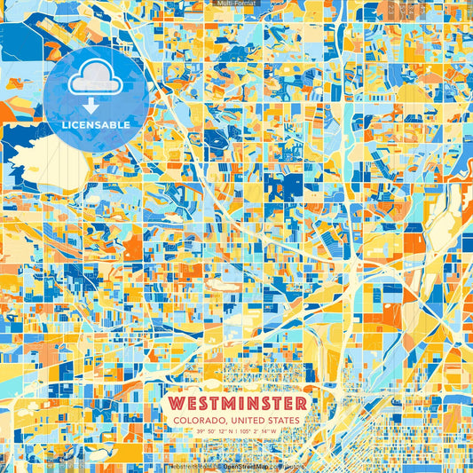Westminster, Colorado, United States blue and orange vector art map template