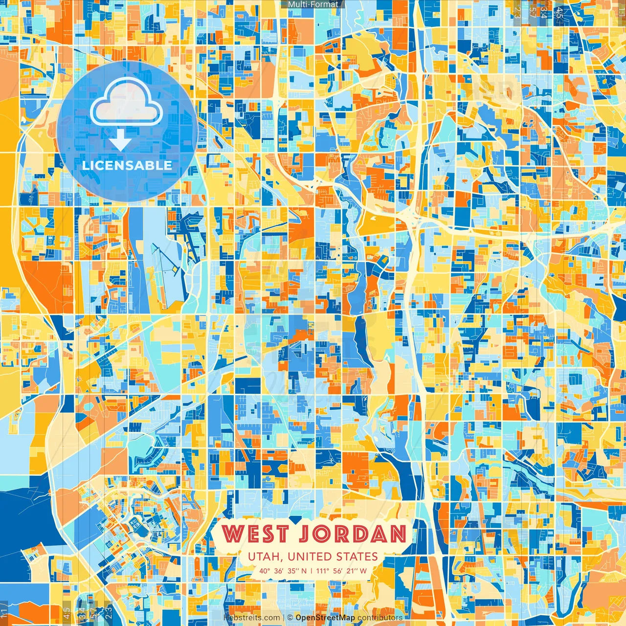 West Jordan, Utah, United States blue and orange vector art map template