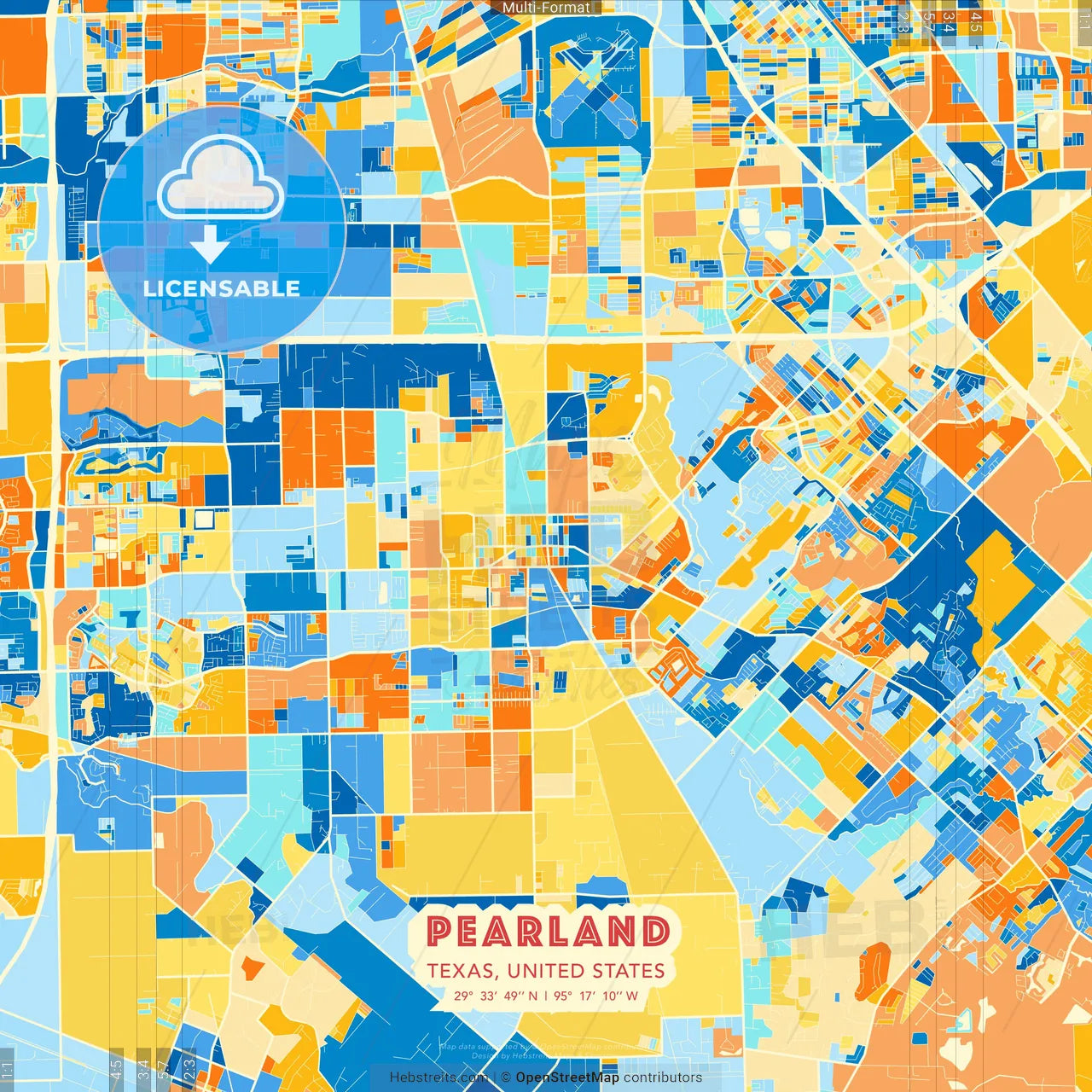 Pearland, Texas, United States blue and orange vector art map template