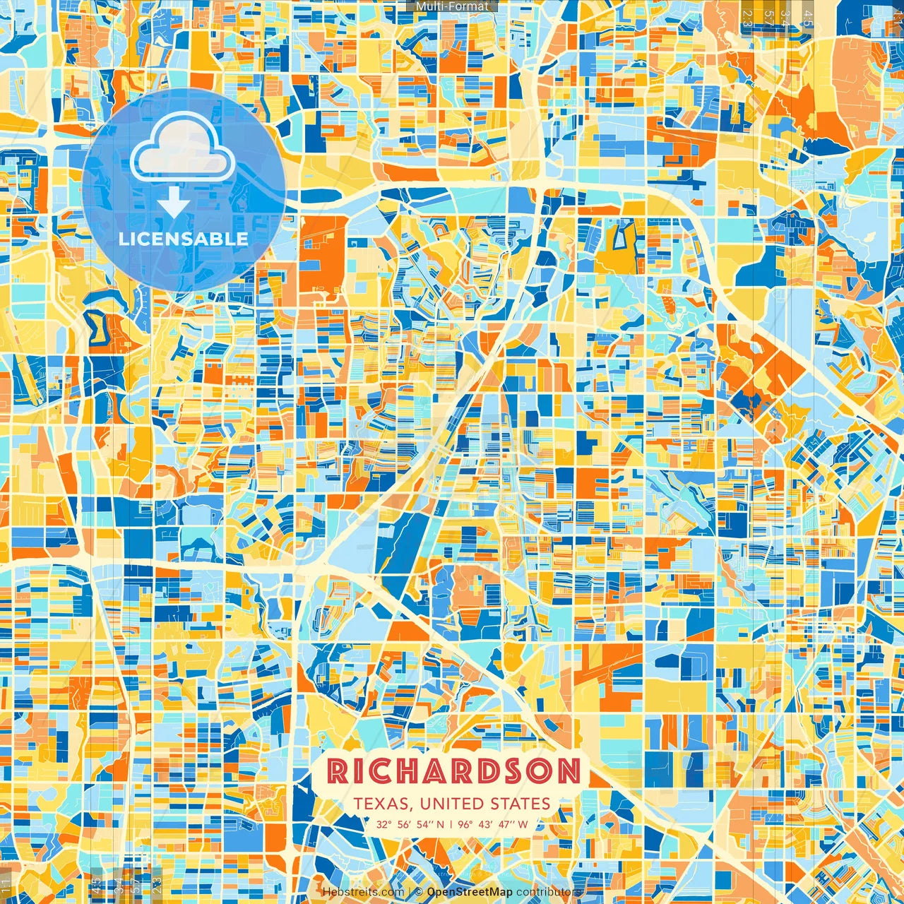 Richardson, Texas, United States blue and orange vector art map template