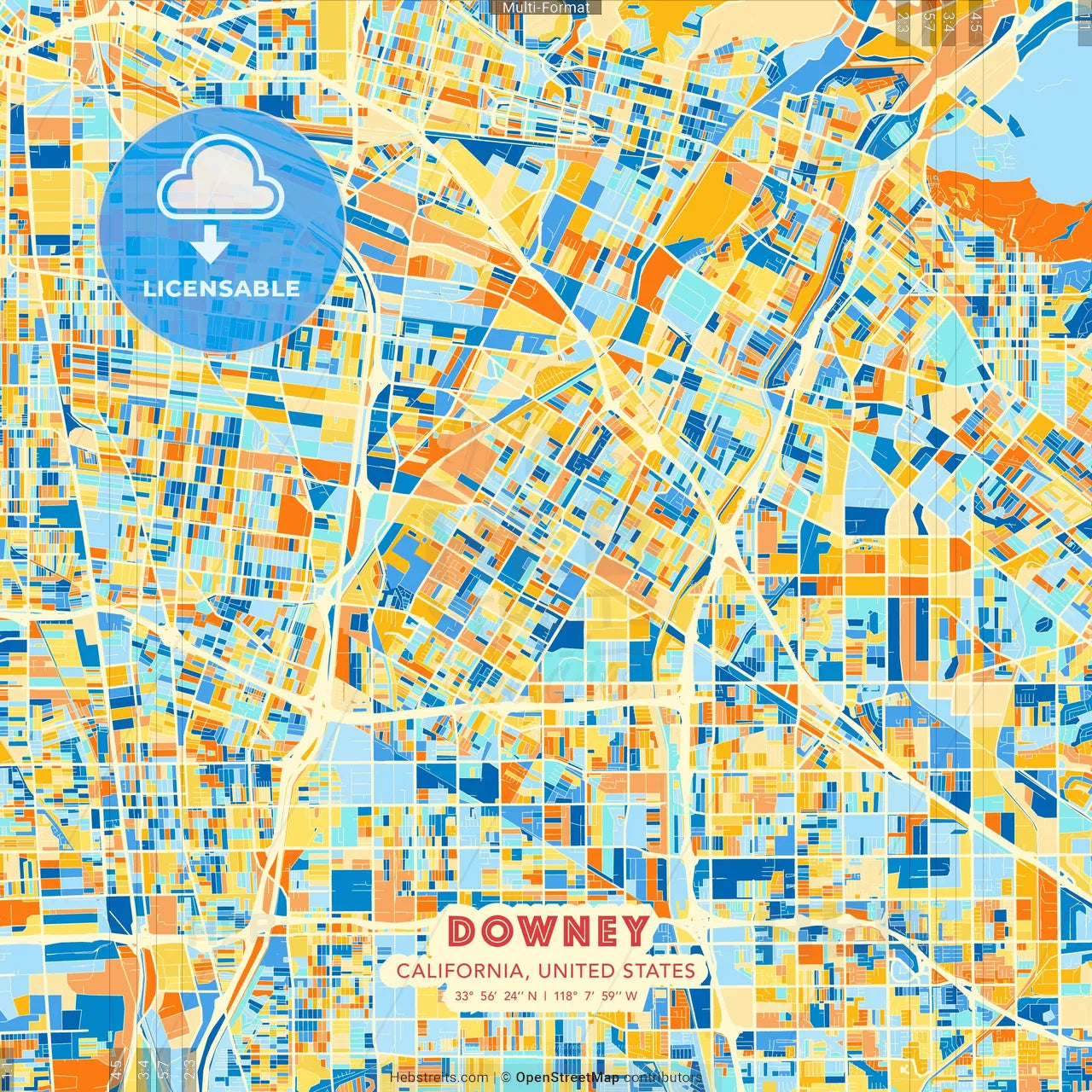 Downey, California, United States blue and orange vector art map template