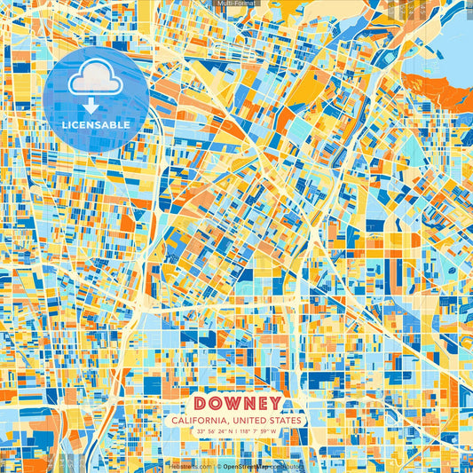 Downey, California, United States blue and orange vector art map template