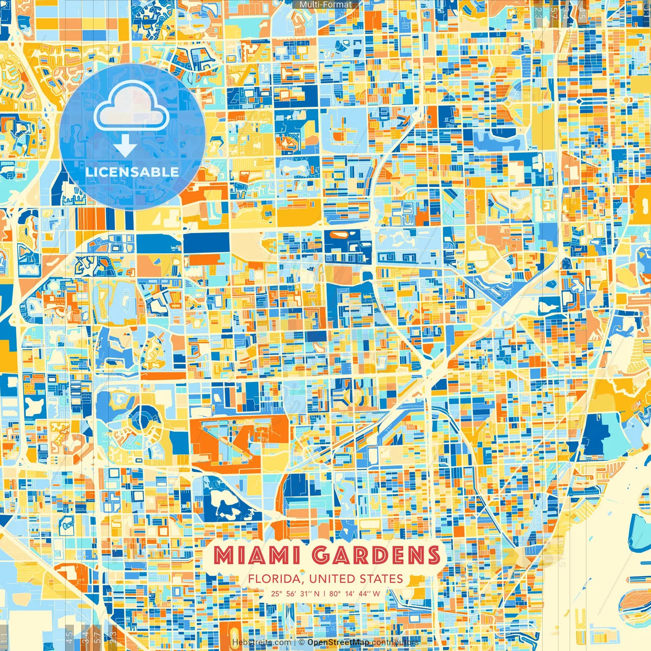 Miami Gardens, Florida, United States blue and orange vector art map template