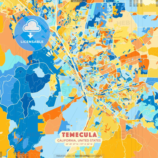 Temecula, California, United States blue and orange vector art map template