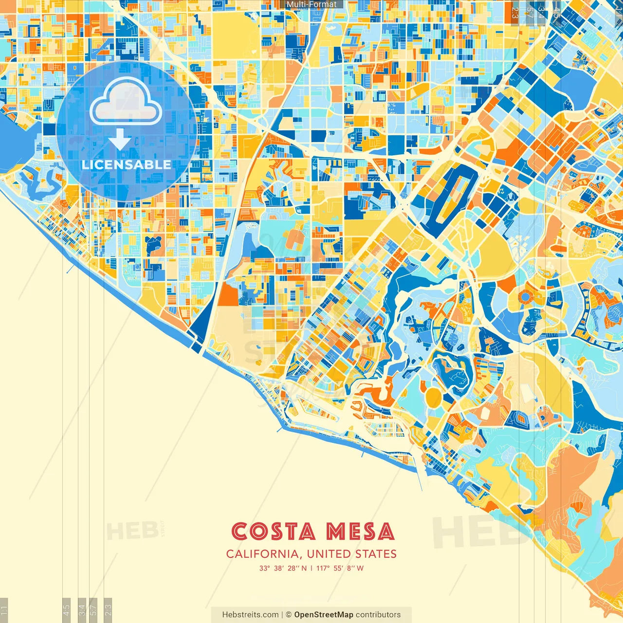 Costa Mesa, California, United States blue and orange vector art map template