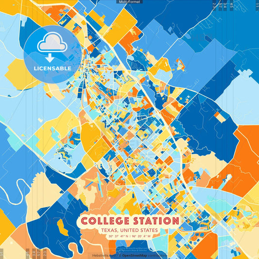 College Station, Texas, United States blue and orange vector art map template