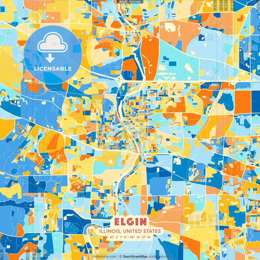 Elgin, Illinois, United States blue and orange vector art map template