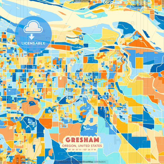 Gresham, Oregon, United States blue and orange vector art map template
