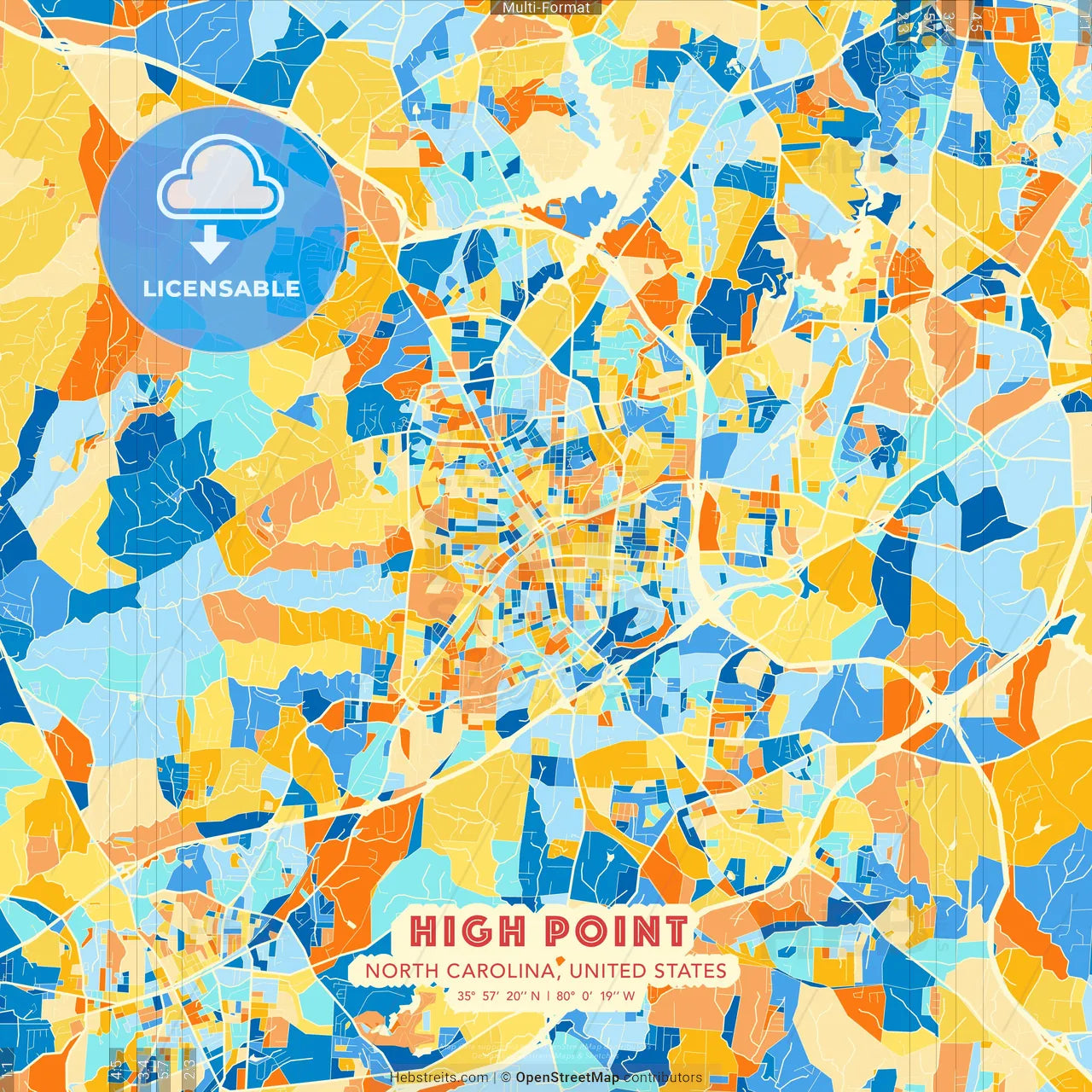 High Point, North Carolina, United States blue and orange vector art map template