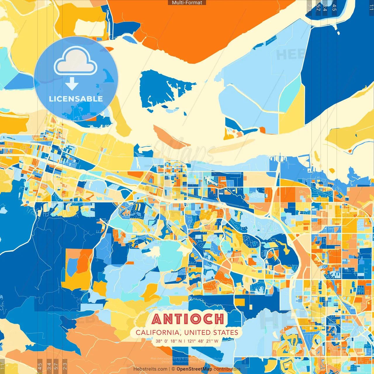 Antioch, California, United States blue and orange vector art map template