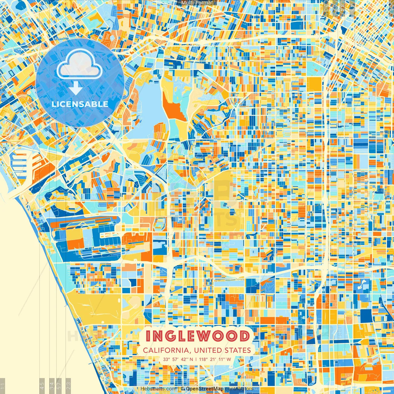 Inglewood, California, United States blue and orange vector art map template