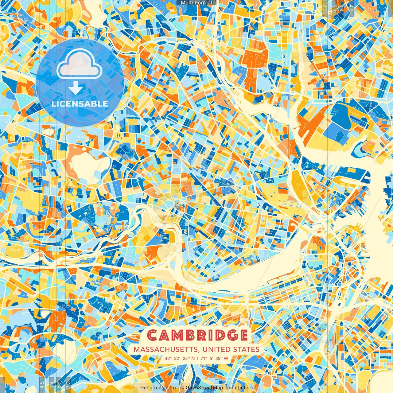 Cambridge, Massachusetts, United States blue and orange vector art map template