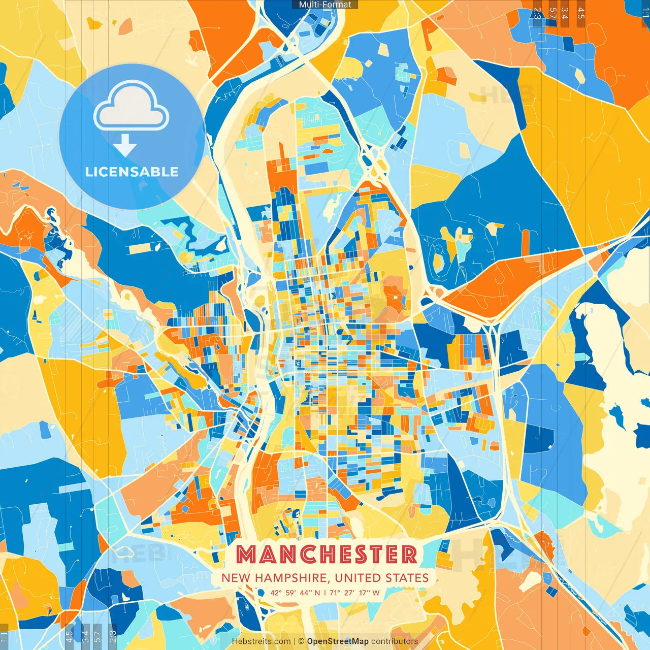 Manchester, New Hampshire, United States blue and orange vector art map template