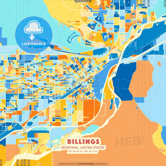 Billings, Montana, United States blue and orange vector art map template