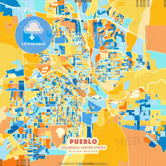 Pueblo, Colorado, United States blue and orange vector art map template