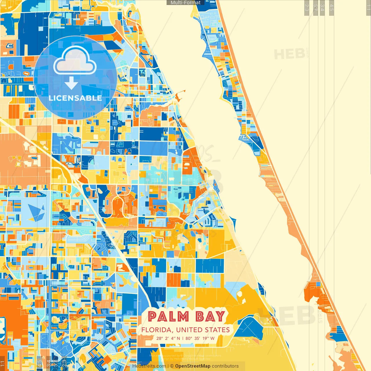 Palm Bay, Florida, United States blue and orange vector art map template