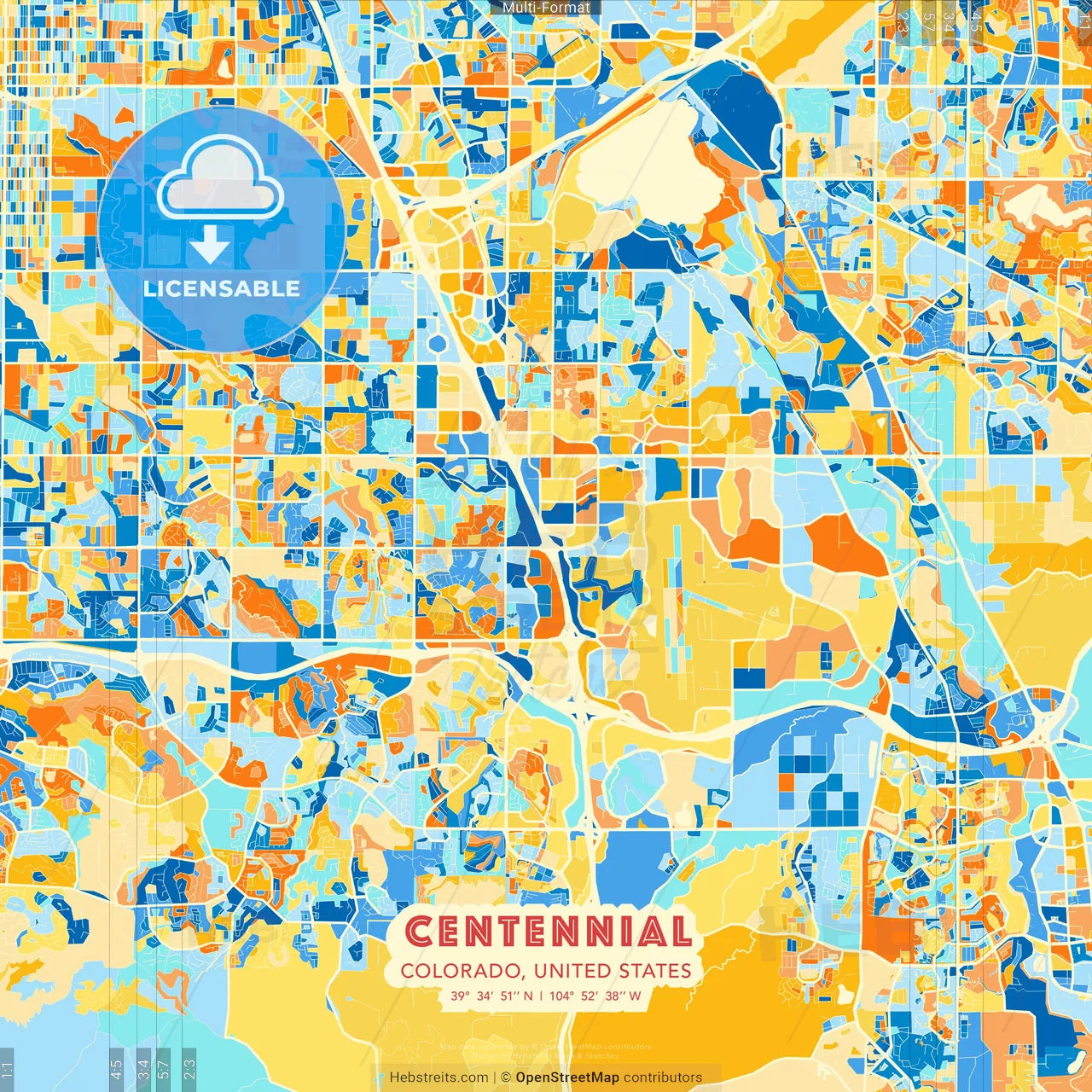 Centennial, Colorado, United States blue and orange vector art map template