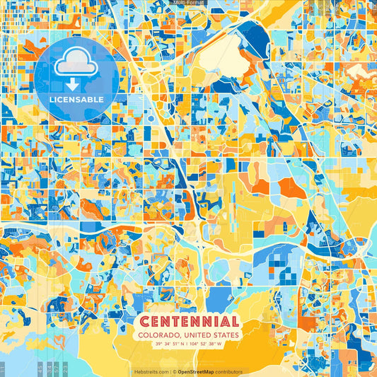 Centennial, Colorado, United States blue and orange vector art map template