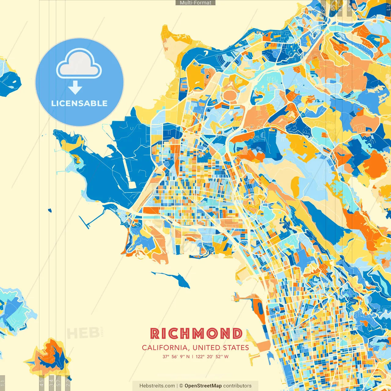 Richmond, California, United States blue and orange vector art map template