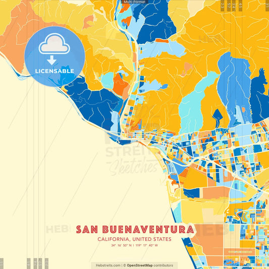 San Buenaventura, California, United States blue and orange vector art map template