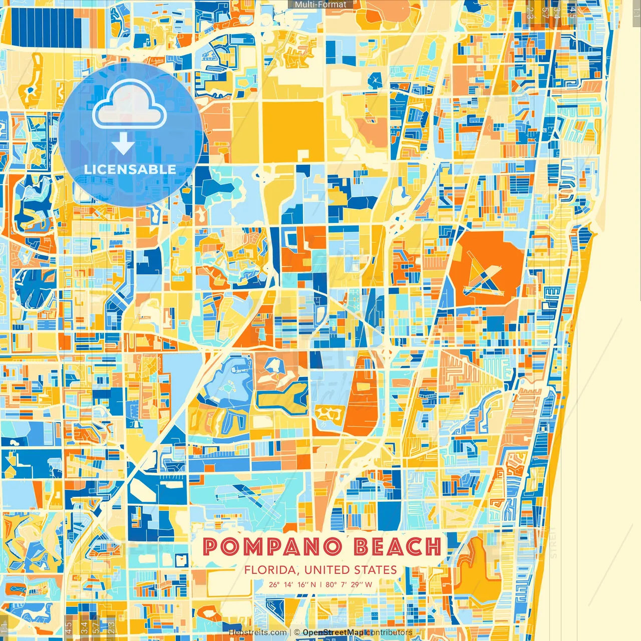 Pompano Beach, Florida, United States blue and orange vector art map template