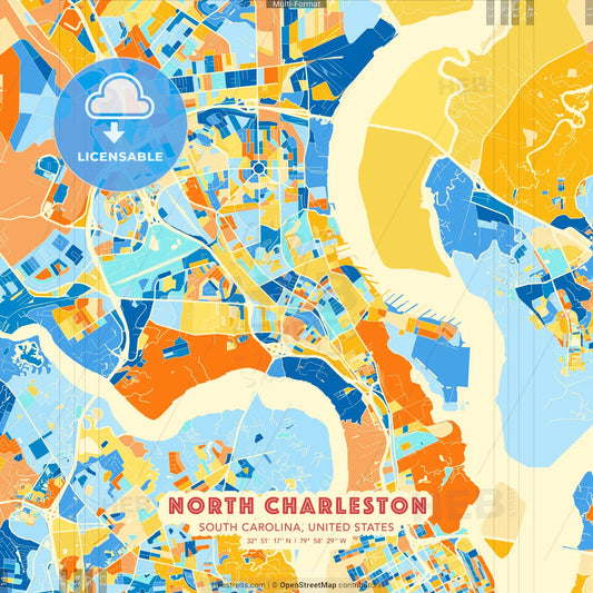 North Charleston, South Carolina, United States blue and orange vector art map template