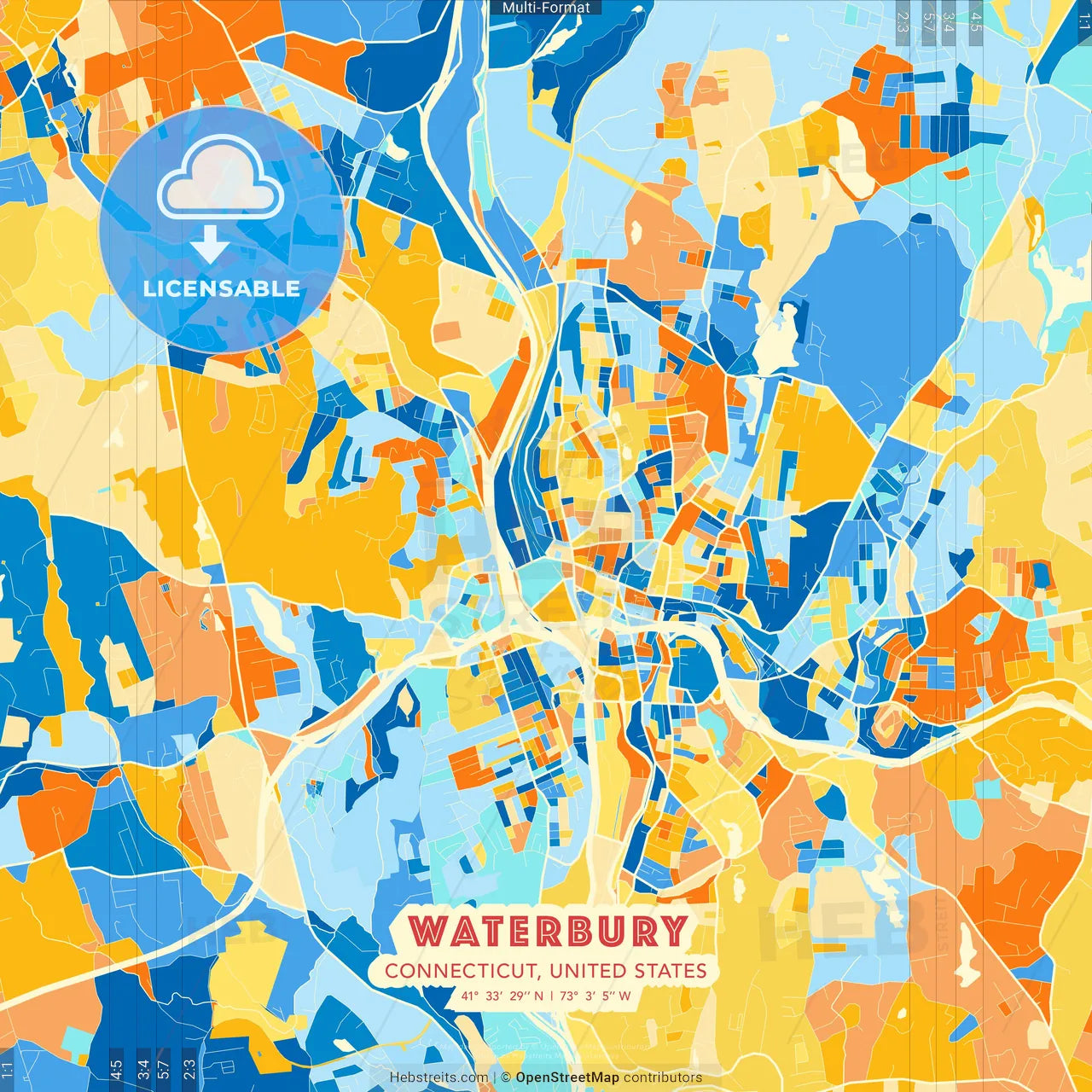 Waterbury, Connecticut, United States blue and orange vector art map template