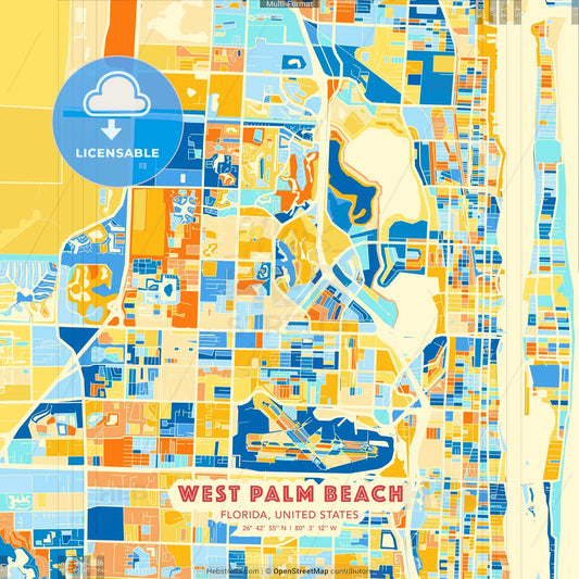 West Palm Beach, Florida, United States blue and orange vector art map template