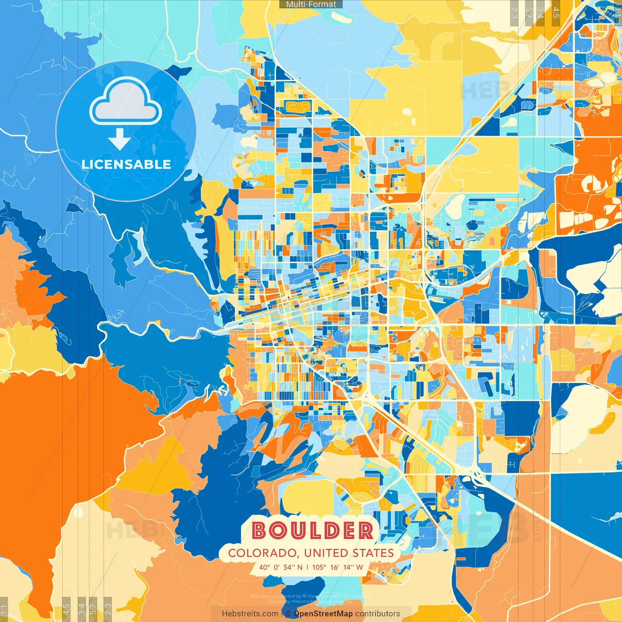 Boulder, Colorado, United States blue and orange vector art map template