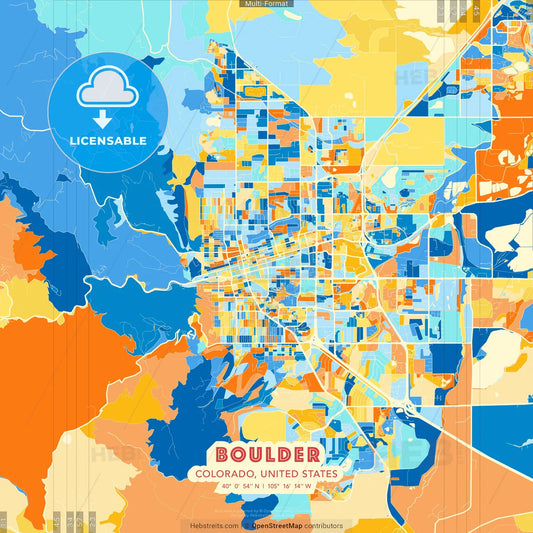 Boulder, Colorado, United States blue and orange vector art map template