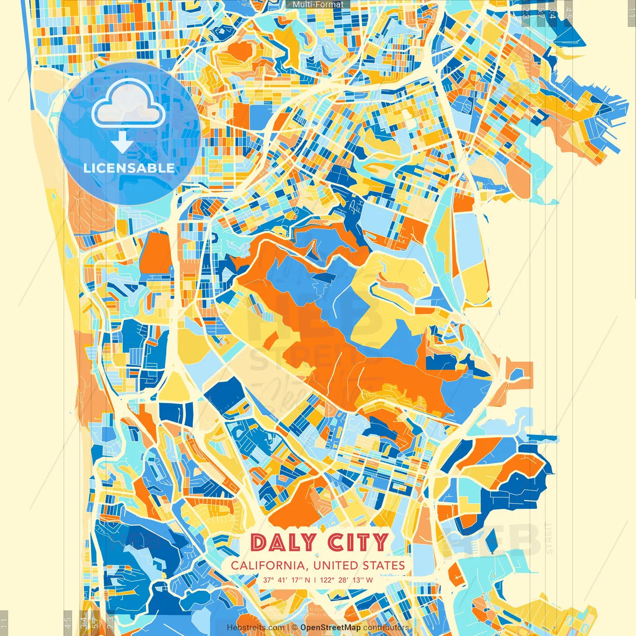 Daly City, California, United States blue and orange vector art map template