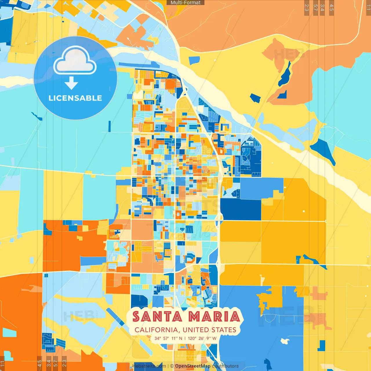 Santa Maria, California, United States blue and orange vector art map template
