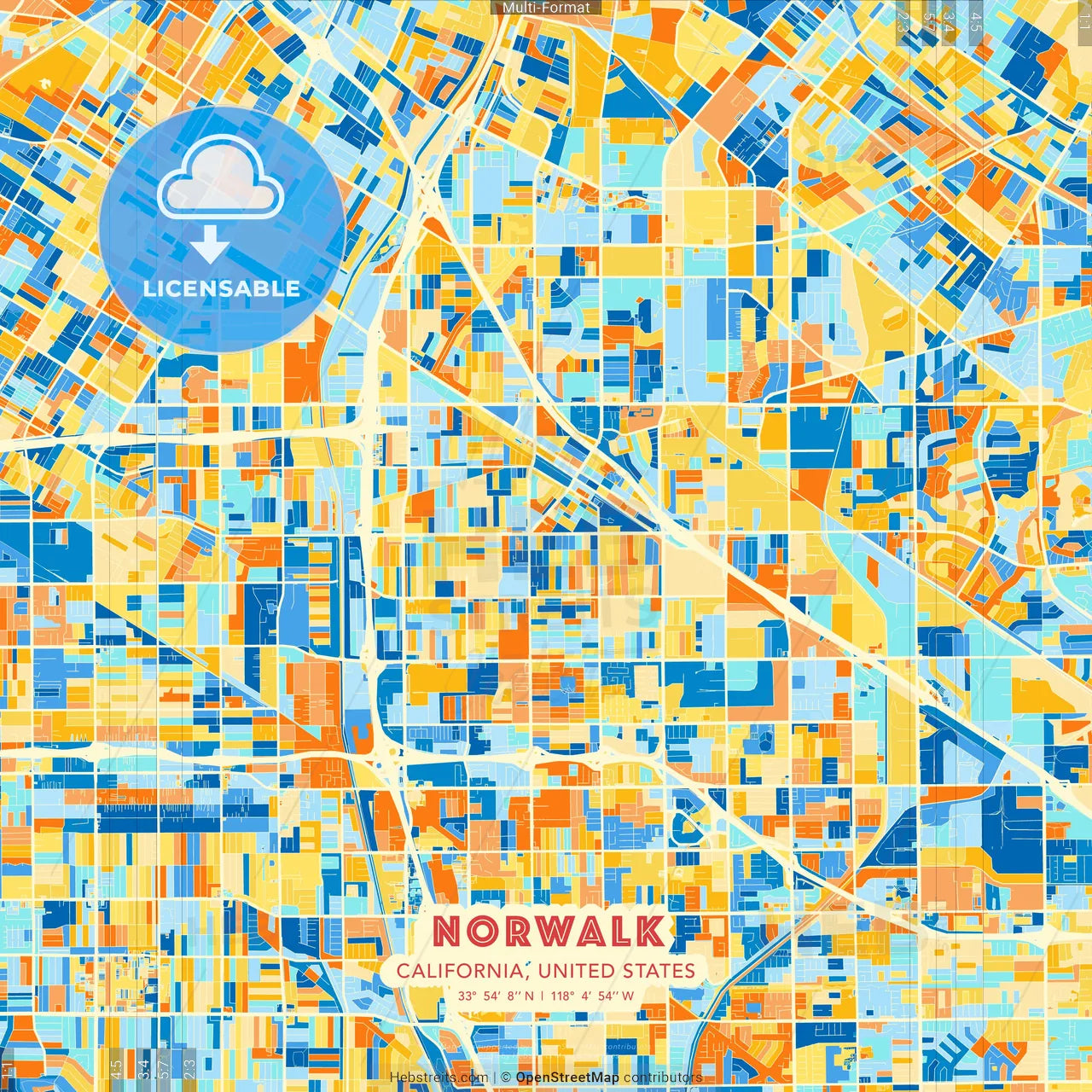 Norwalk, California, United States blue and orange vector art map template