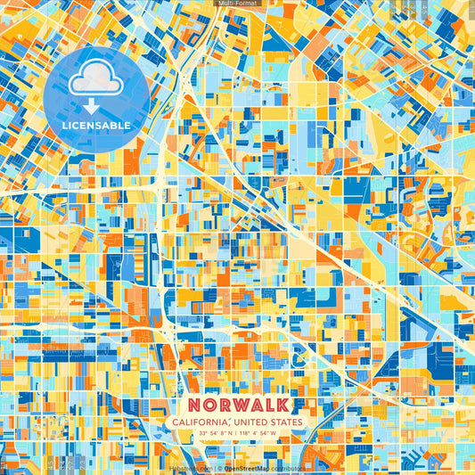 Norwalk, California, United States blue and orange vector art map template