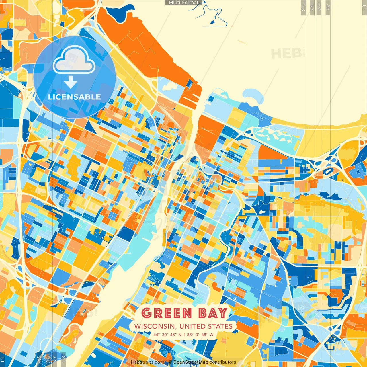 Green Bay, Wisconsin, United States blue and orange vector art map template