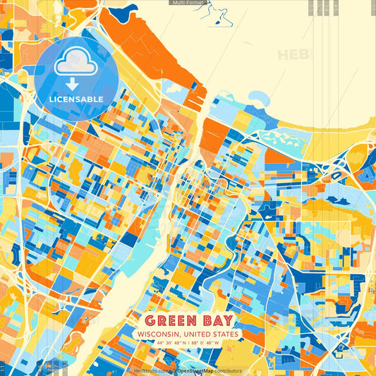 Green Bay, Wisconsin, United States blue and orange vector art map template