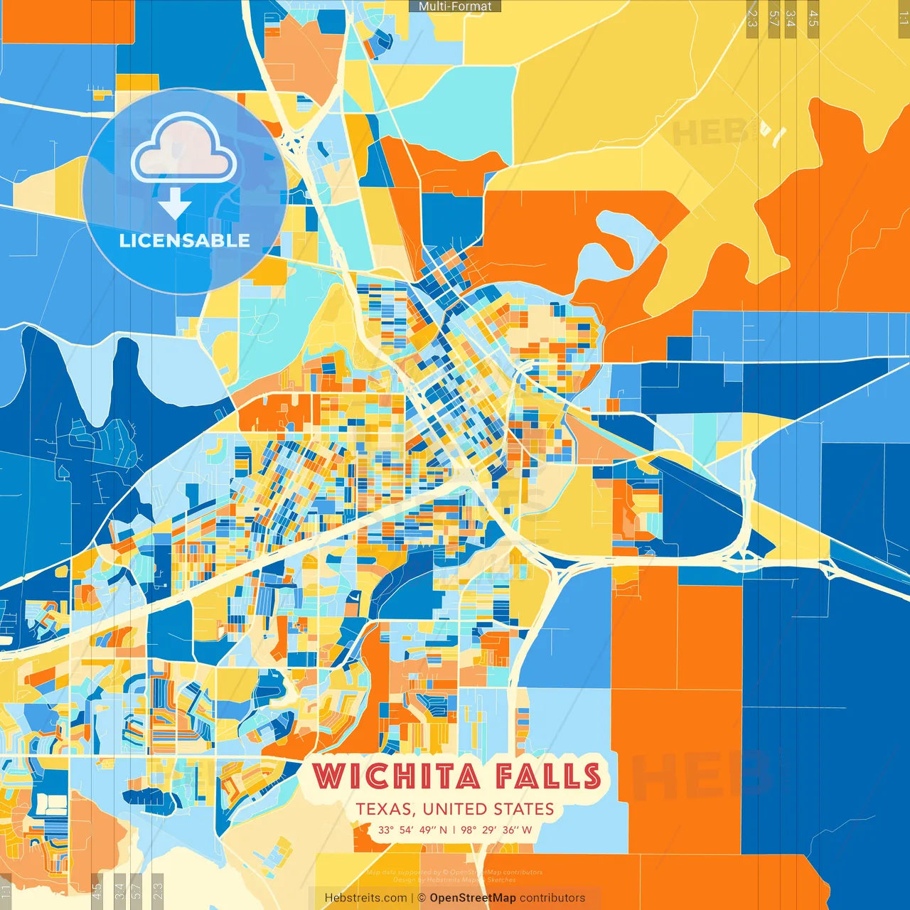 Wichita Falls, Texas, United States blue and orange vector art map template