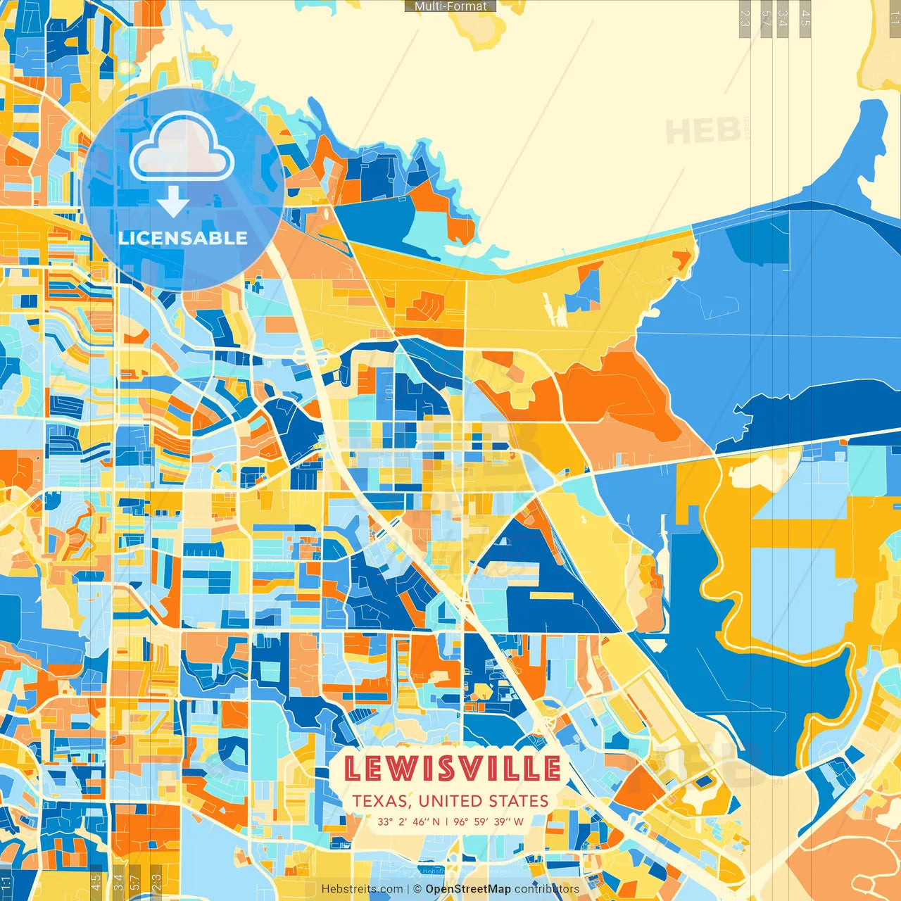 Lewisville, Texas, United States blue and orange vector art map template
